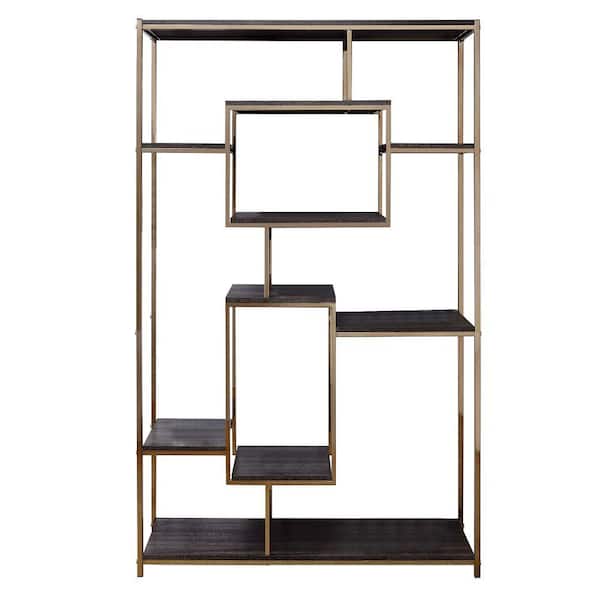Benjara 72 in. H Gold and Dark Gray Etagere Bookshelf with 9 Shelves and Geometric Pattern