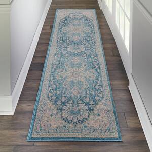 Tranquil Ivory/Turquoise 2 ft. x 7 ft. Persian Vintage Runner Rug