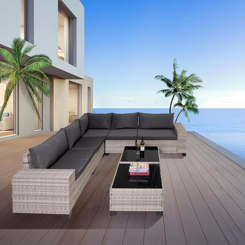 Grey-White 7-Piece Wicker Rattan Outdoor Patio Sectional Set with Hidden Storage, Glass Coffee Table, Dark Grey Cushions