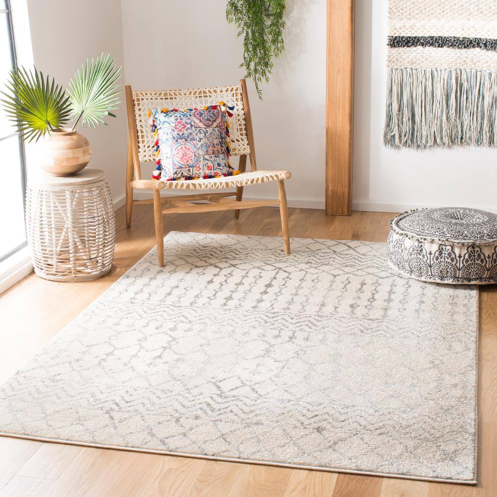 Ivory and Grey 3' x 3' Square Stain-Resistant Synthetic Area Rug