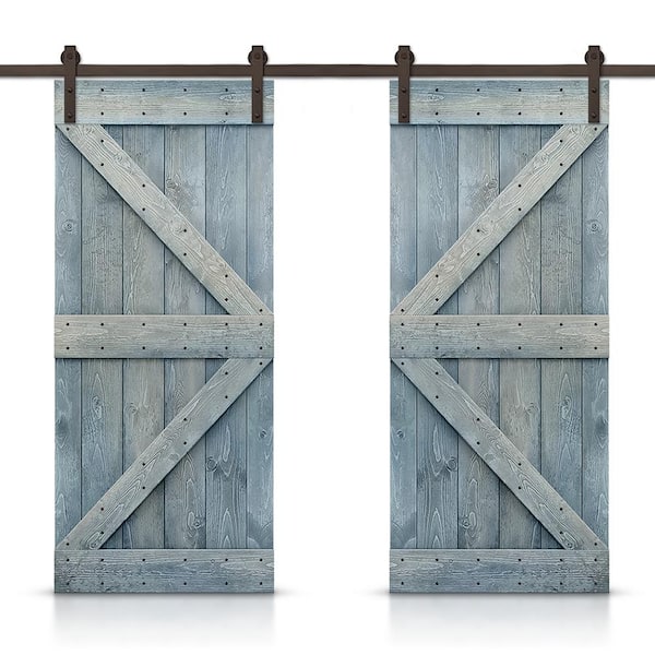 K 40 in. x 84 in. Denim Blue Stained DIY Solid Pine Wood Interior Double Sliding Barn Door with Hardware Kit