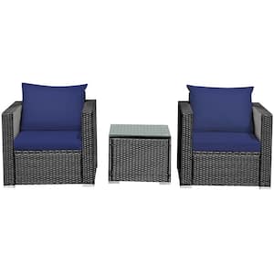 3-Piece PE Wicker Outdoor Patio Conversation Sofa Set with Navy Cushions