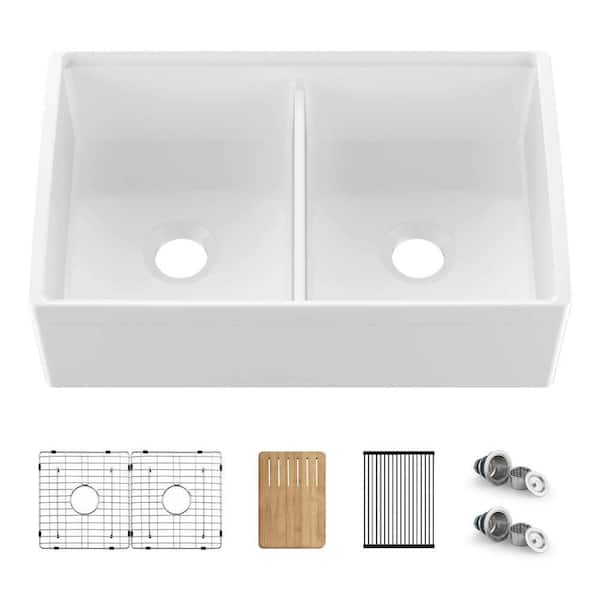 33 in. Farmhouse/Apron-Front Double Bowl Glossy White Fireclay Kitchen Sink with Cutting Board, Rolling Drying Rack
