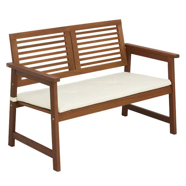 Furinno Tioman 2 Person Teak Oil Outdoor Bench with Beige Cushion