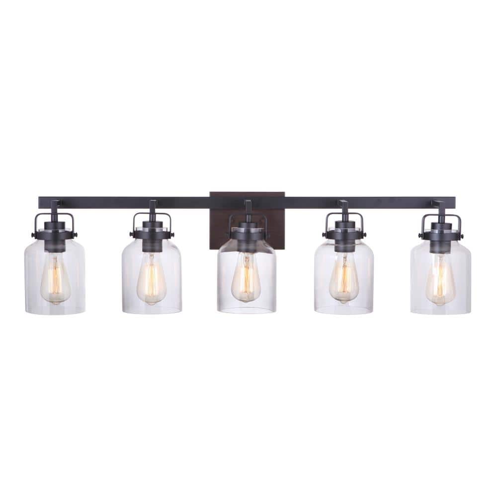 Foxwood 5-Light Flat Black and Dark Teak Vanity Light with Clear Glass Shades