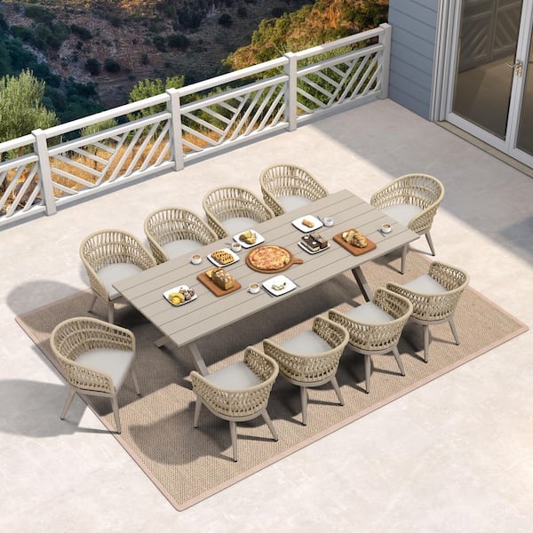 11-Piece Aluminum All-Weather PE Rattan Rectangular Outdoor Dining Set with Cushion, Champagne