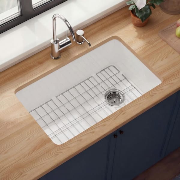 30 in. Rectangle Kitchen Sink Drop-In/Undermount White Fireclay Single Bowl Sink with Offset Drain and Accessories