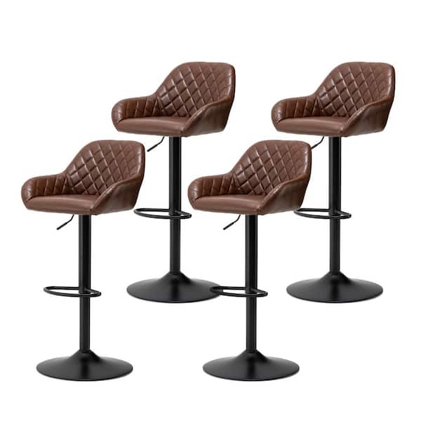 Glitzhome 32.75 in. H Mid-Century Modern Brown Metal Quilted Leatherette Gaslift Adjustable Swivel Bar Stool (Set of 4)