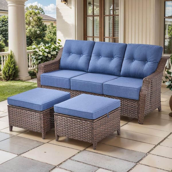 Modern Farmhouse 3-Seat Brown Wicker Outdoor Couch Set with 6 In. Blue Olefin Cushions /Patio Ottomans（3-Piece）