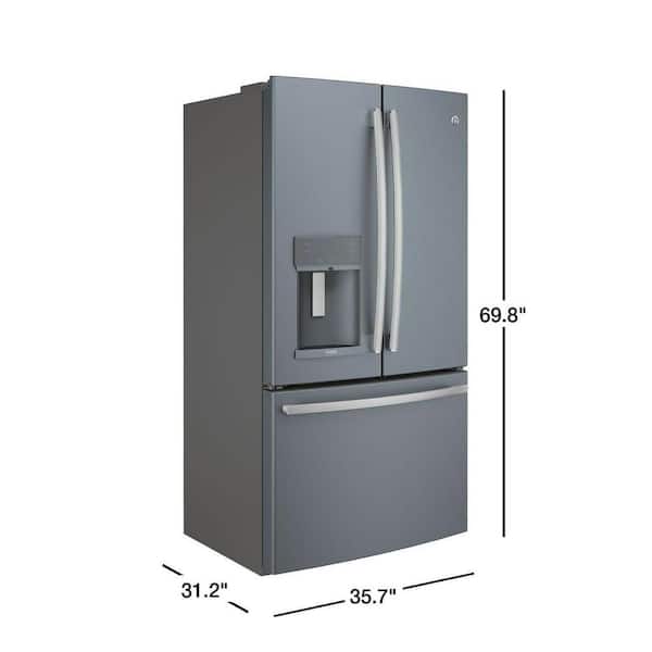Ge Profile 22 2 Cu Ft French Door Refrigerator With Hands Free Autofill In Slate Counter Depth And Fingerprint Resistant Pye22kmkes The Home Depot