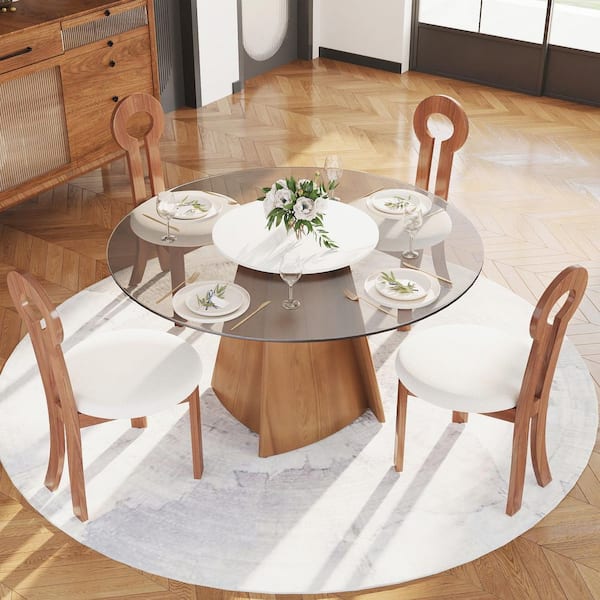 Round 53 in. Walnut Tempered Glass Tabletop with Rotable Lazy Susan and Pedestal Base Dining Table (Seats 6)