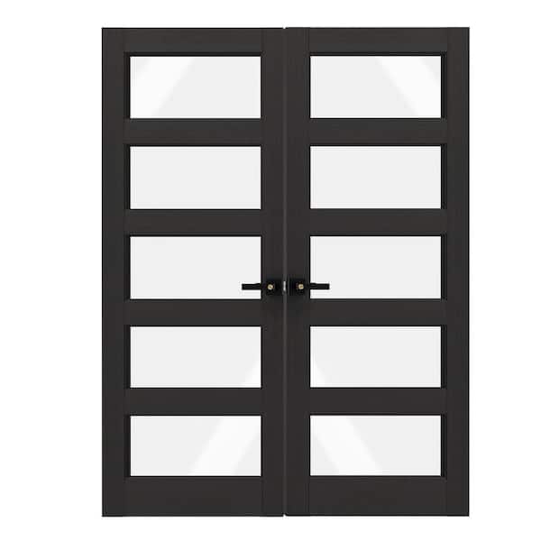 64 in. x 80 in. MDF Composite, PVC Covering, Black, 5 Lite, Clear Glass Interior Door Slab With Black Lever Handle