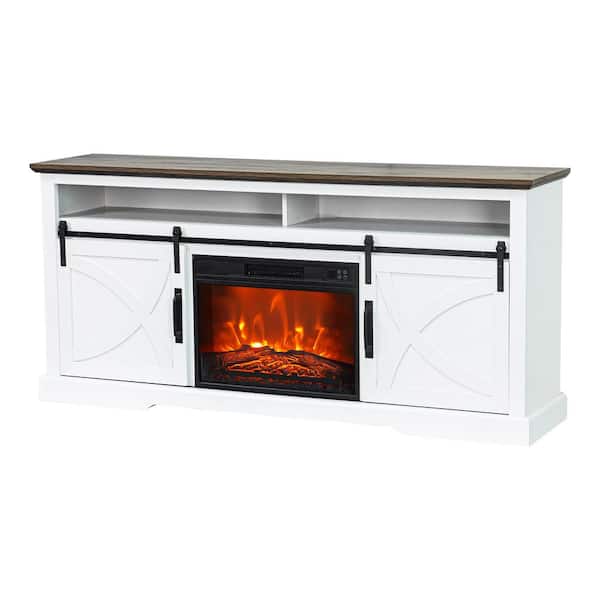 68 in. Freestanding Media Console Electric Fireplace TV Stand in White with Dark Desktop