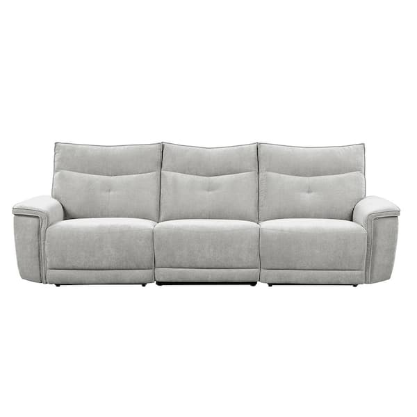 Lazzara Marta 110 in. W Straight Arm Textured Fabric Rectangle Power Double Reclining Sofa with Power Headrests in Mist Gray