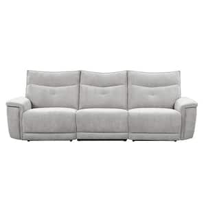 Marta 110 in. W Straight Arm Textured Fabric Rectangle Power Double Reclining Sofa with Power Headrests in Mist Gray
