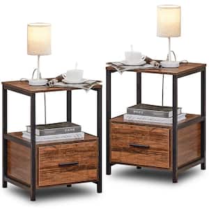 Nightstands Set of 2, End/Side Table with Storage Drawer, USB Port and Charging Station, Brown NightStands