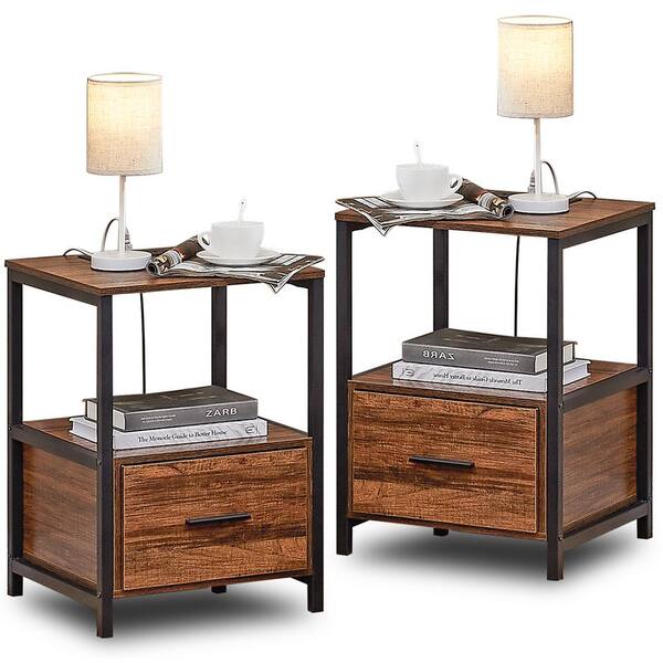 Vecelo Nightstands Set Of 2, End Side Table With Storage Drawer, Usb 