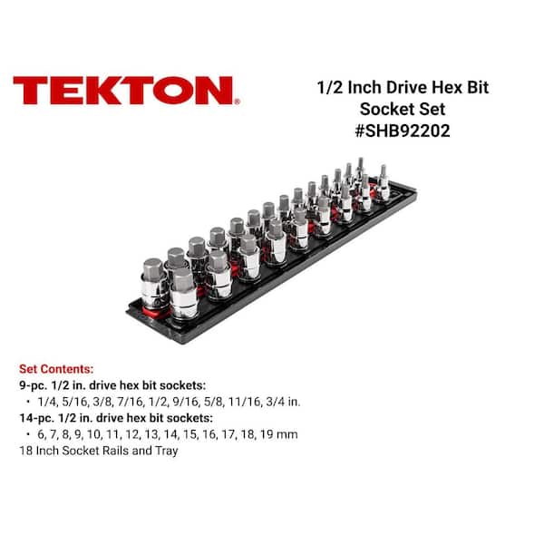 1/2 Inch Drive Hex Bit Socket Set with Rails and Tray, 23-Piece (1/4-3/4 in., 6-19 mm)