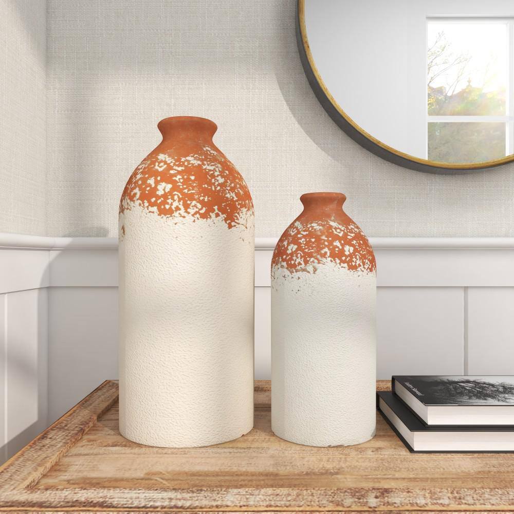 Set of 2 White and Terracotta Ceramic Bottle-Shaped Vases