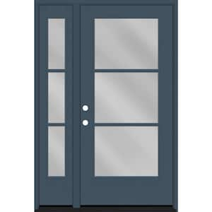 Legacy 53 in. x 80 in. Icon 3-Lite Modern Clear Glass RHIS Dark Denim Mahogany Fiberglass Prehung Front Door 14 in. SL