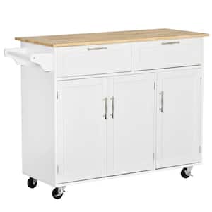 White Wood Top 43.75 in. Kitchen Island with Adjustable Shelves and Towel Rack, Storage Drawers, 3-door Cabinets