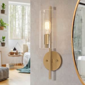 Modern Gold Bathroom Vanity Light Transitional 1-Light Cylinder Powder Room Wall Sconce with Clear Seeded Glass Shade