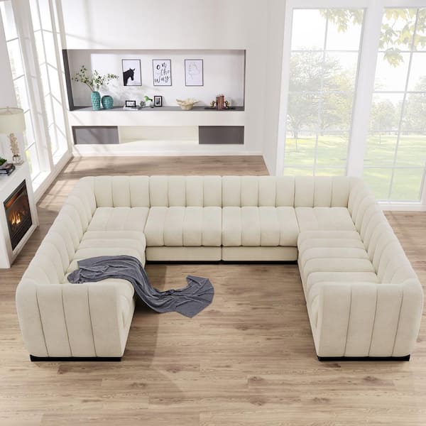 Morden Fort 128 in. U Shape Chenille Beige Sectional Couch, 8-Seater Oversized Modular Sofa Set for Living Room Office