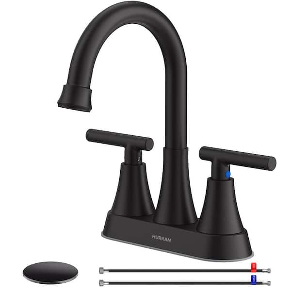 Lukvuzo 4 in. Stainless Steel Centerset Double Handle High Arc Bathroom Faucet with Pop-up Drain and 2-Supply Hoses, Matte Black