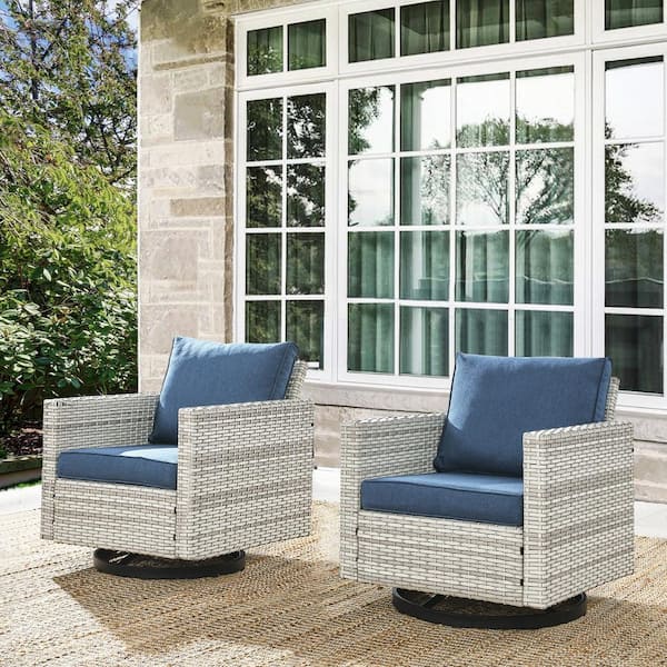 Beige Wicker Outdoor Rocking Chair, Patio Swivel Gliders with Navy Blue Cushions for Porch or Balcony (2-Pack)