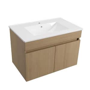 36 in. W x 18 in. D x 20 in. H Single Sink Floating Solid Wood Bath Vanity in Brown with White Ceramic Top