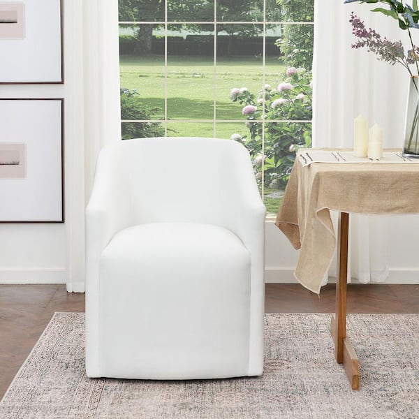KINWELL White Performance Fabric Upholstered Barrel Back Rolling Dining Armchair