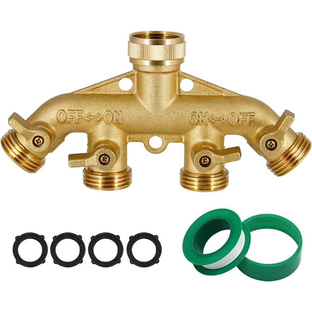 4 Way Brass Hose Splitter, 3/4 Heavy-Duty Brass Garden Hose Splitter, Ga
