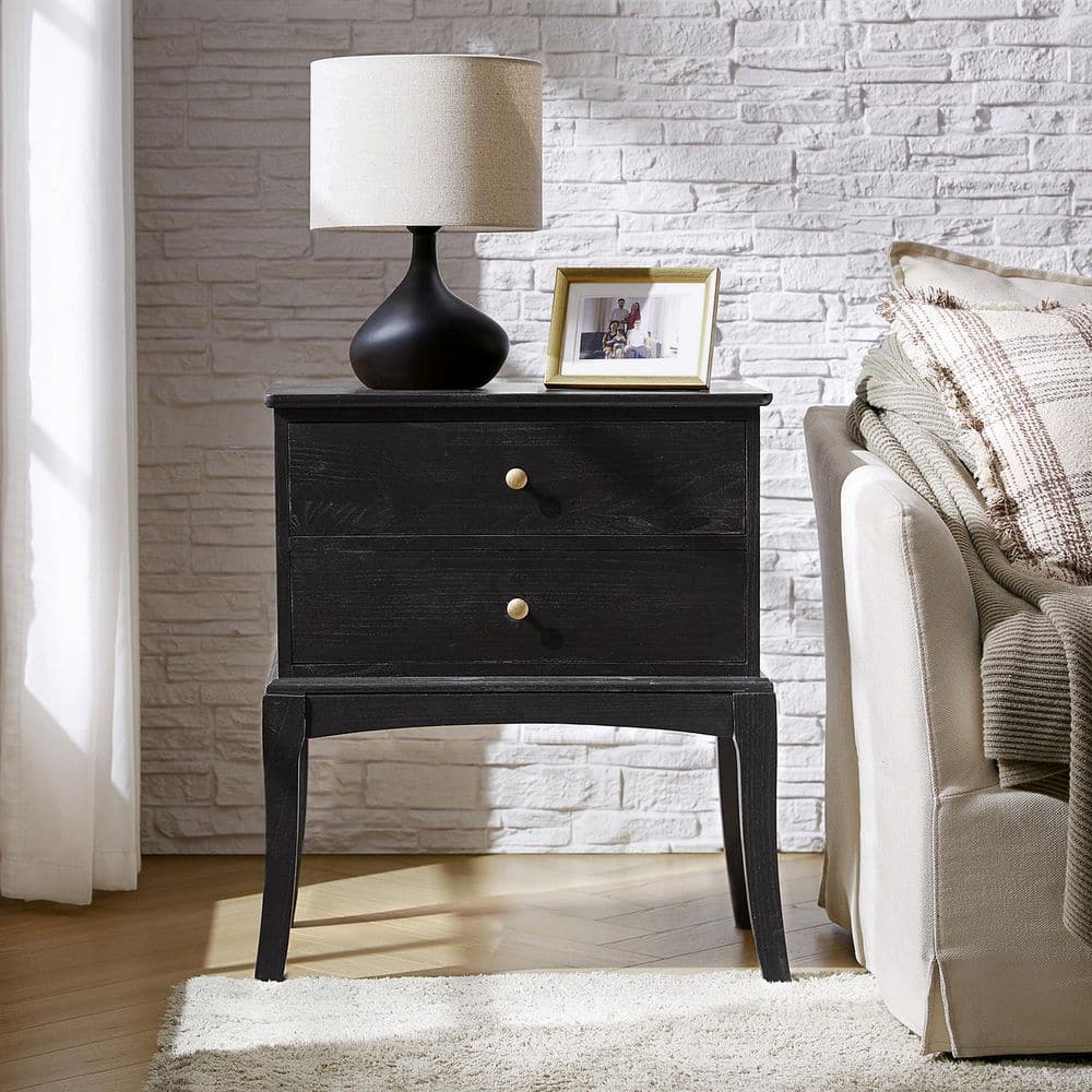 Wilhelm Charcoal 28 in. H Transitional 2-Drawer Solid Wood Nightstand with Hidden Outlet