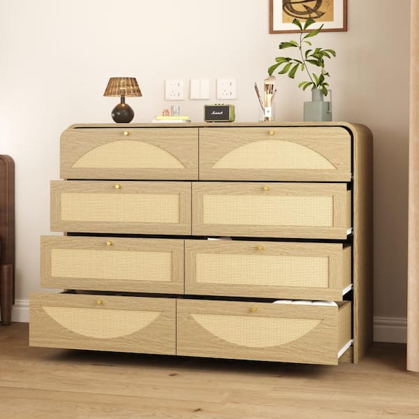 yellow and grey dresser Qualler Natural 47.2 in. Wide 8‑Drawer Dresser, Particle Board Chest of Drawers with Rattan Front MEWCD031N mustard yellow dresser