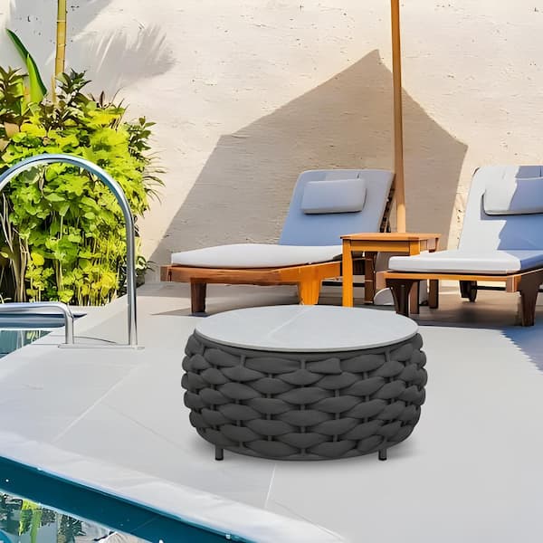 TWT 14.17 in. Dark Gray Waterproof Aluminum Coffee Table with Rock Slabs Table-Top