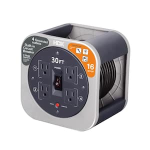 30 ft. 16/3 Extension Cord Reel with 4 Grounded Outlets and Surge Protector in Gray