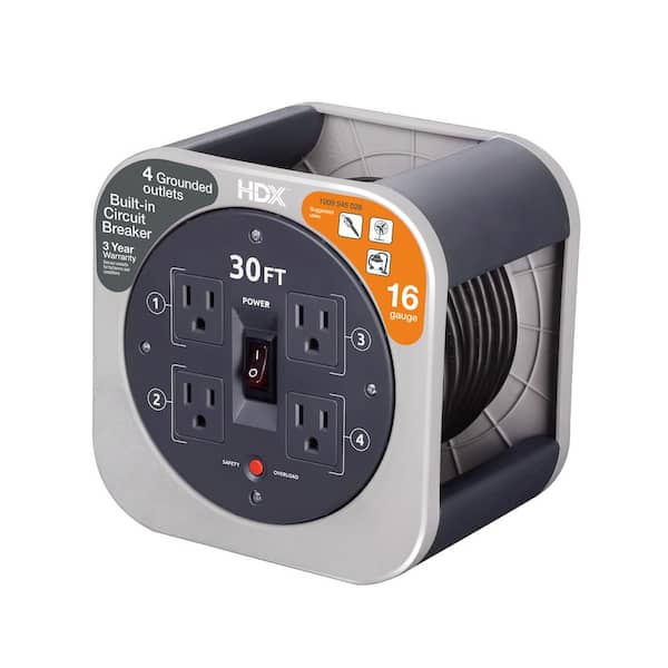HDX 30 ft. 16/3 Extension Cord Reel with 4 Grounded Outlets and Surge Protector in Gray