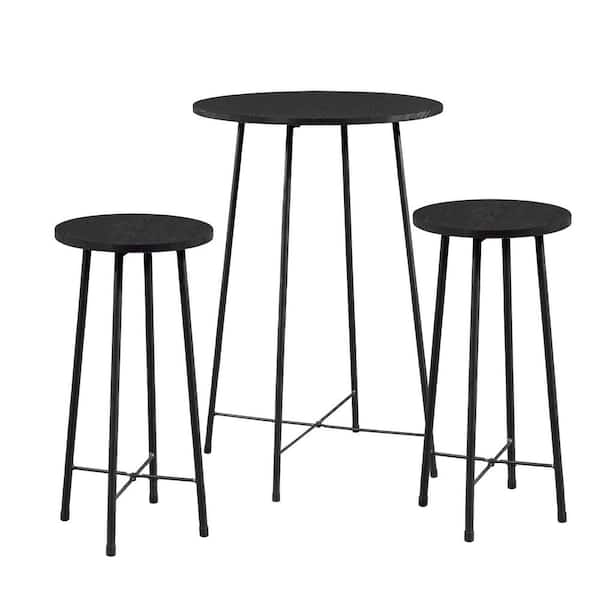 VECELO Dining Table Set 23.6 in. Round Black Bistro Wood Top with Metal Frame Table and Chairs for Dining Room (Set of 3)