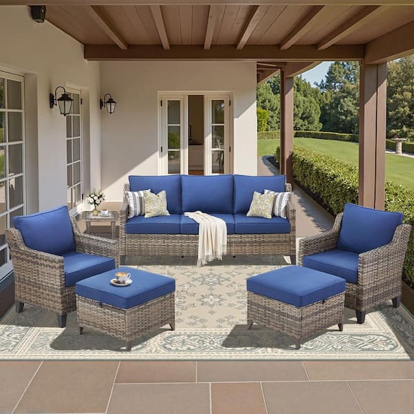 6-Piece Wicker Patio Conversation Set with Lounge Chair and Side Table, Outdoor Sofa Seating Set with Blue Cushions