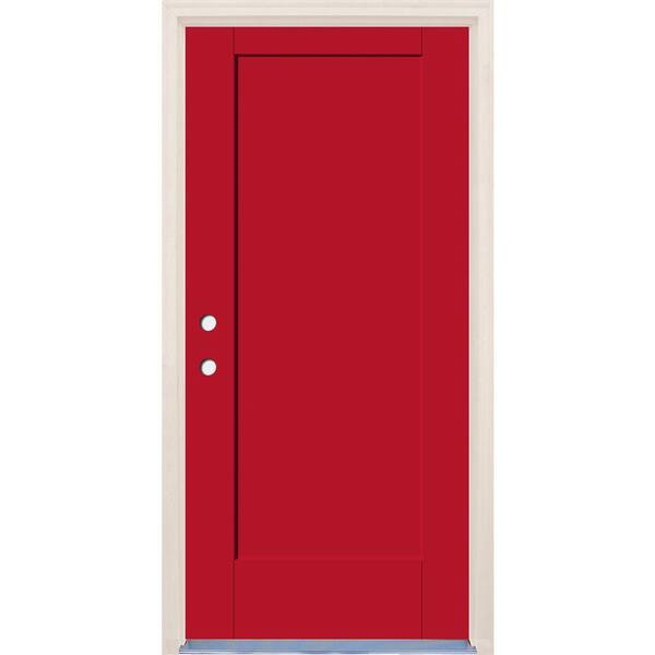 Builders Choice 36 in. x 80 in. 1 Panel Right-Hand Ruby Red Painted Fiberglass Prehung Front Door w/6-9/16 in. Frame and Nickel Hinges