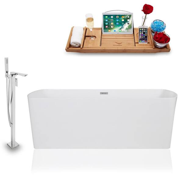 Streamline Tub, Faucet, and Tray Set 67 in. Solid Surface Resin Flatbottom Non-Whirpool Bathtub in Glossy White
