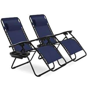 2 Pieces Metal Folding Recliner Lounge Chair with Zero Gravity-Navy