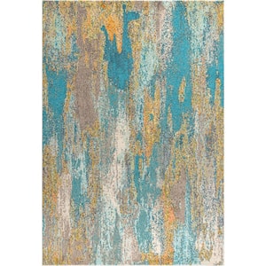 Contemporary Blue/Brown/Orange 9 ft. x 12 ft. Pop Modern Abstract Vintage Waterfall Area Rug