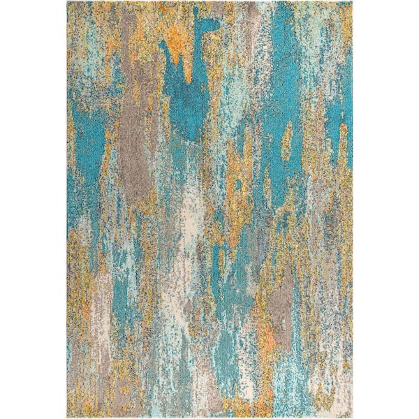 Contemporary Pop Modern Abstract Vintage Waterfall Dark Blue/Brown/Orange 5 ft. x 8 ft. Area Rug