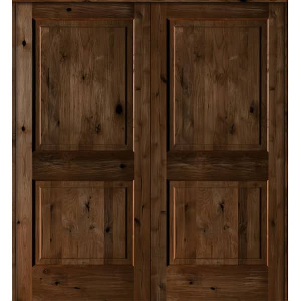 60 in. x 80 in. Rustic Knotty Alder 2-Panel Universal/Reversible Provincial Stain Wood Double Prehung Interior Door