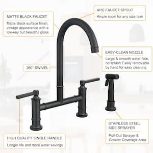 Double Handle Bridge Kitchen Faucet with Side Spray in Matte Black