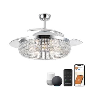 52 in. Indoor Chrome Smart Crystal Ceiling Fan with Light and Remote, Works with Google Assistant and Alexa and Siri
