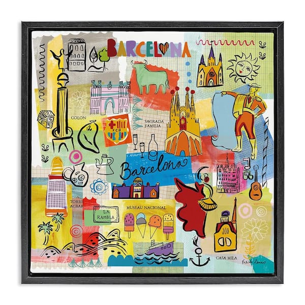 Stupell Industries Barcelona Landmarks Spain Traditions by Veronique Charron Black Floater Frame Travel Graphic Art Print 18 in. x 18 in.