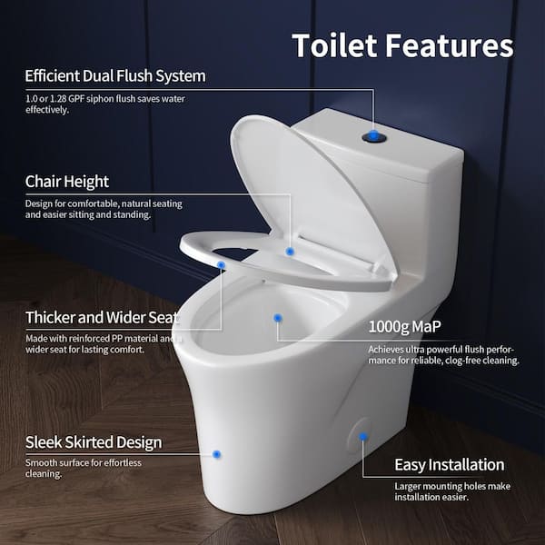12 in. Rough in 1-Piece 1.0/1.28 GPF Dual Flush Elongated ADA Chair Height Toilet in White, Map 1000g, Seat Included