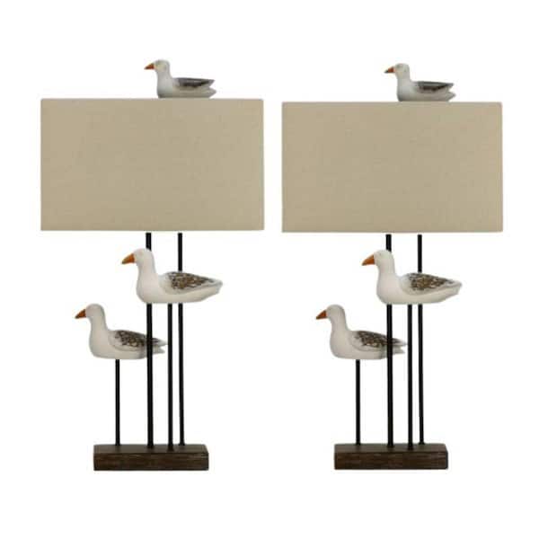 Pair of 30 in. Weathered Brown/White Medallion Seagull Trio Table Lamps with Designer Shades and Finials
